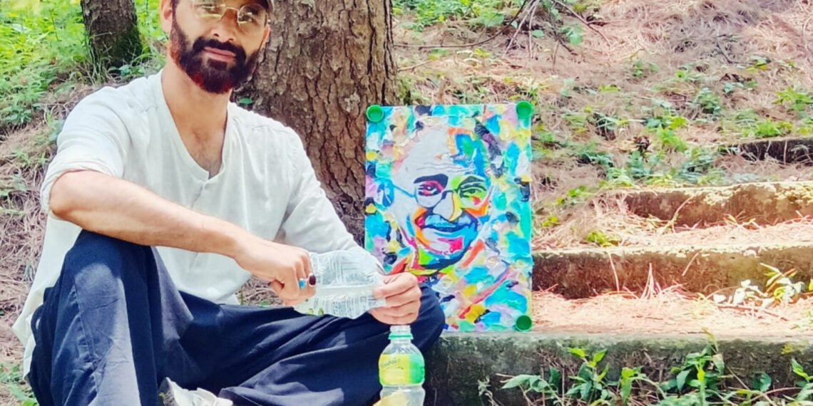 Mahatma Gandhi painting Created Without Paint, Ink, Brush or Colors Using Only Discarded Polythene Waste by Kashmiri Artist Mudasir Rehman Dar