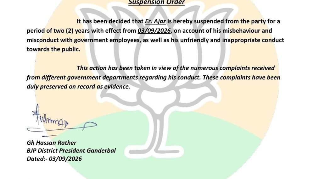 ​BJP suspends Er. Ajaz for two years in Ganderbal over alleged misconduct