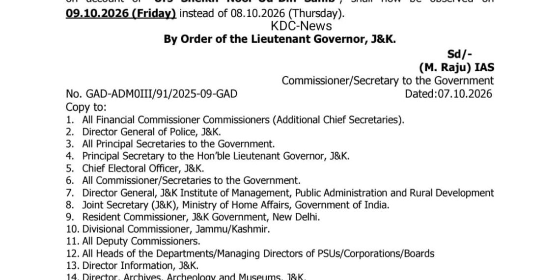 Urs Sheikh Noor-Ud-Din Sahib Holiday Postponed To Oct 9 In Kashmir: Govt